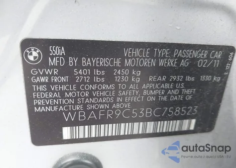 2011 BMW 550I from USA, damaged, VIN WBAFR9C53BC758523